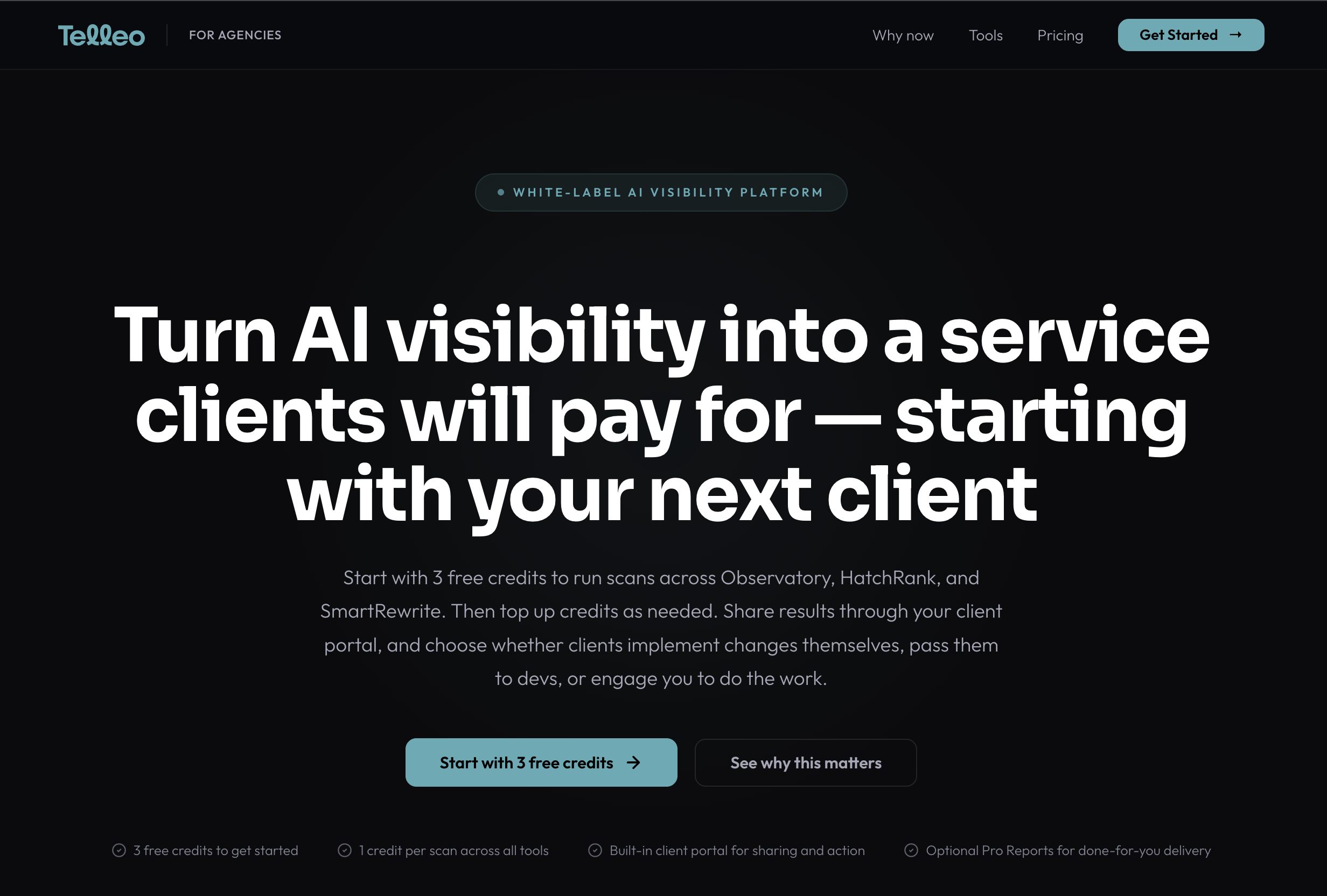 Telleo landing page showing AI visibility messaging for agencies.