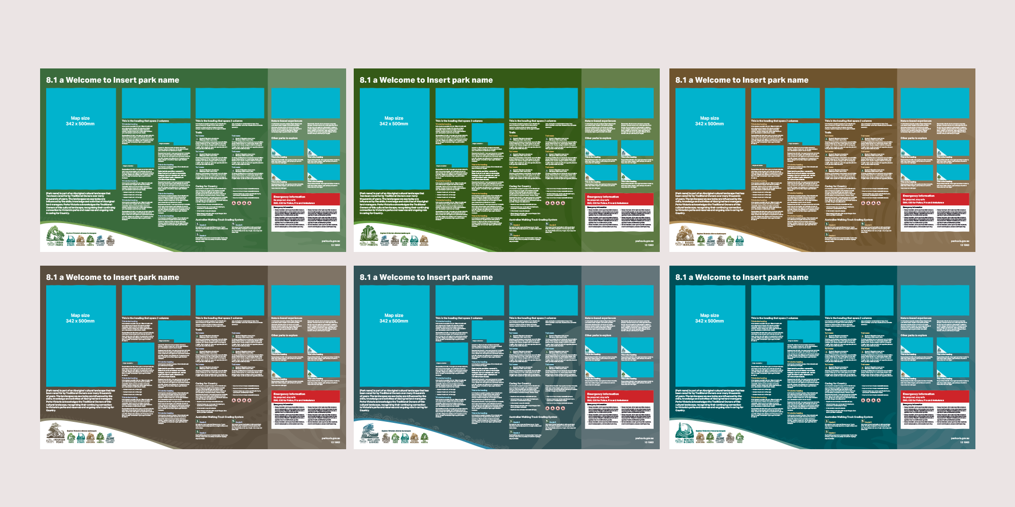 Wayfinding signage designs for Parks Victoria experience brands.