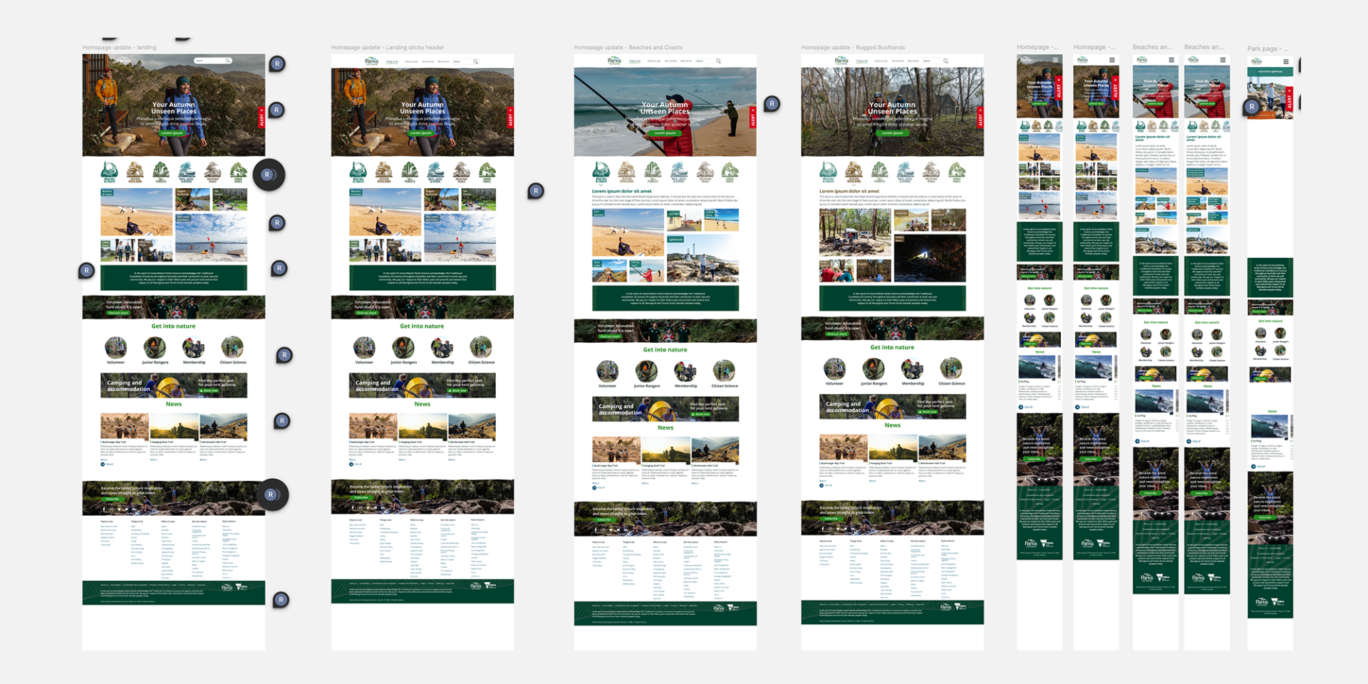 Multiple Parks Victoria web page designs shown side by side.