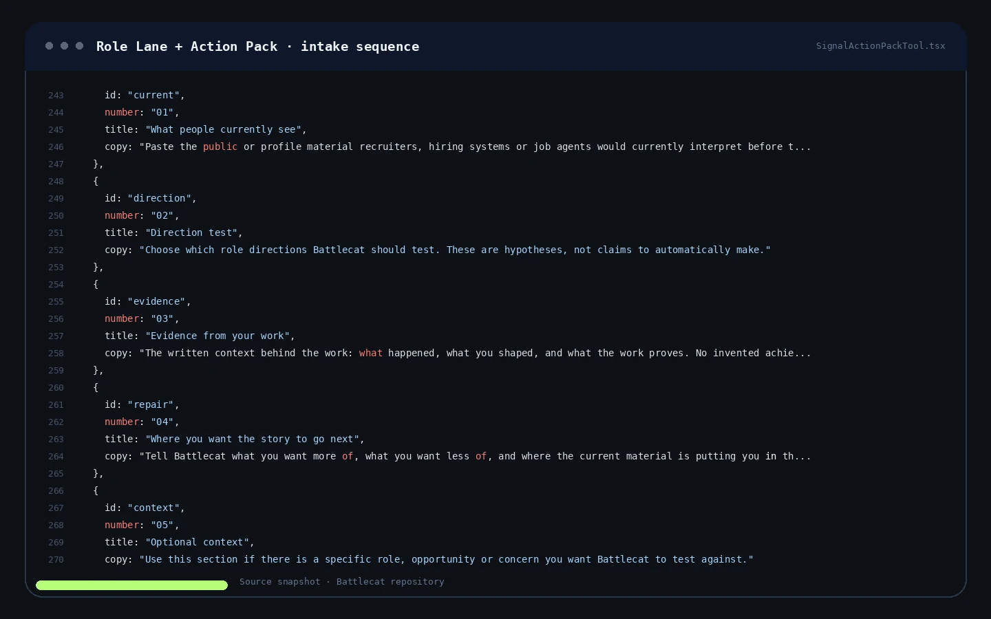 Source code snapshot showing the Battlecat Role Lane and Action Pack intake sequence