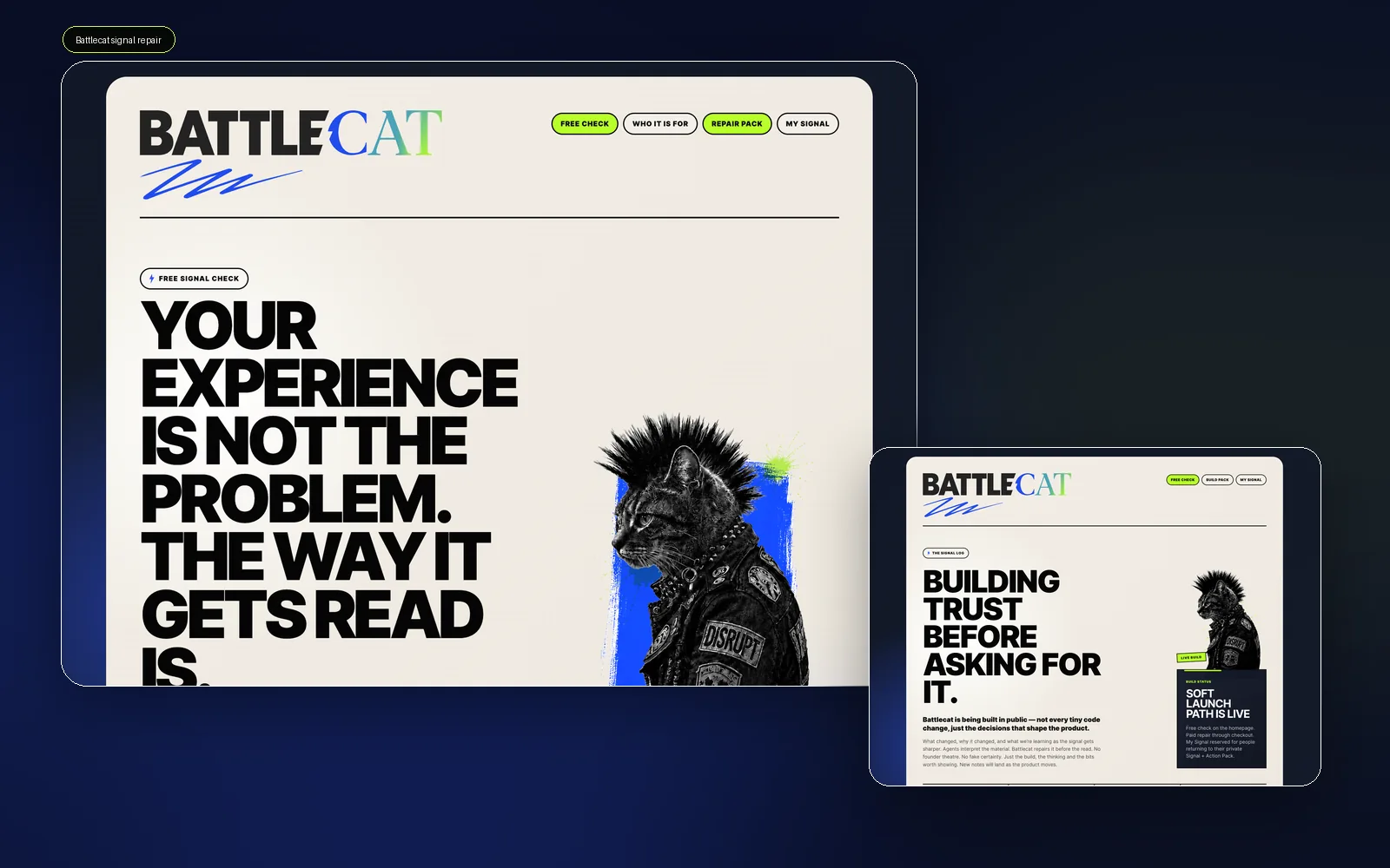Battlecat portfolio composite showing the landing page and signal log.