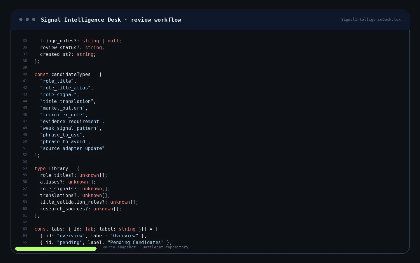 Source code snapshot showing Battlecat signal intelligence candidate types, approved library and review workflow