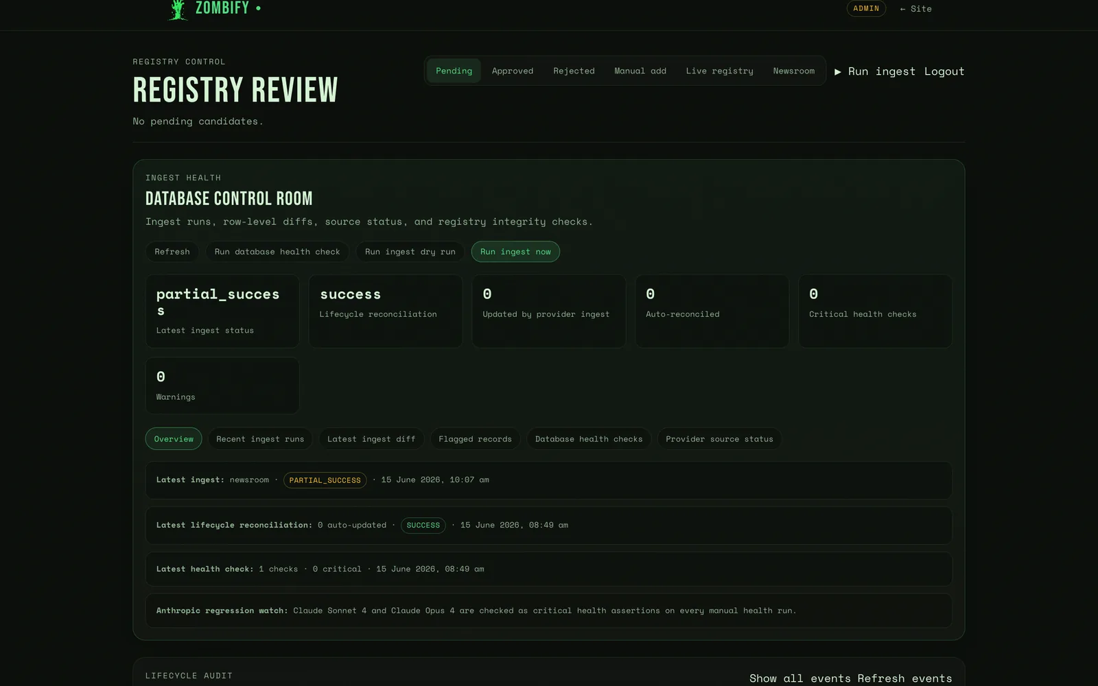 Zombify backend registry control room.