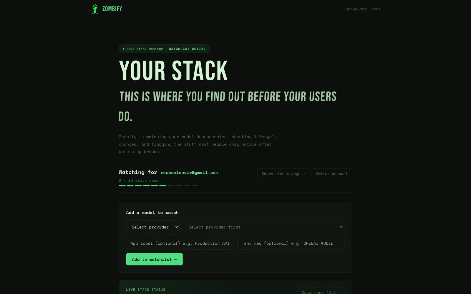 Zombify paid dashboard showing live stack monitoring.