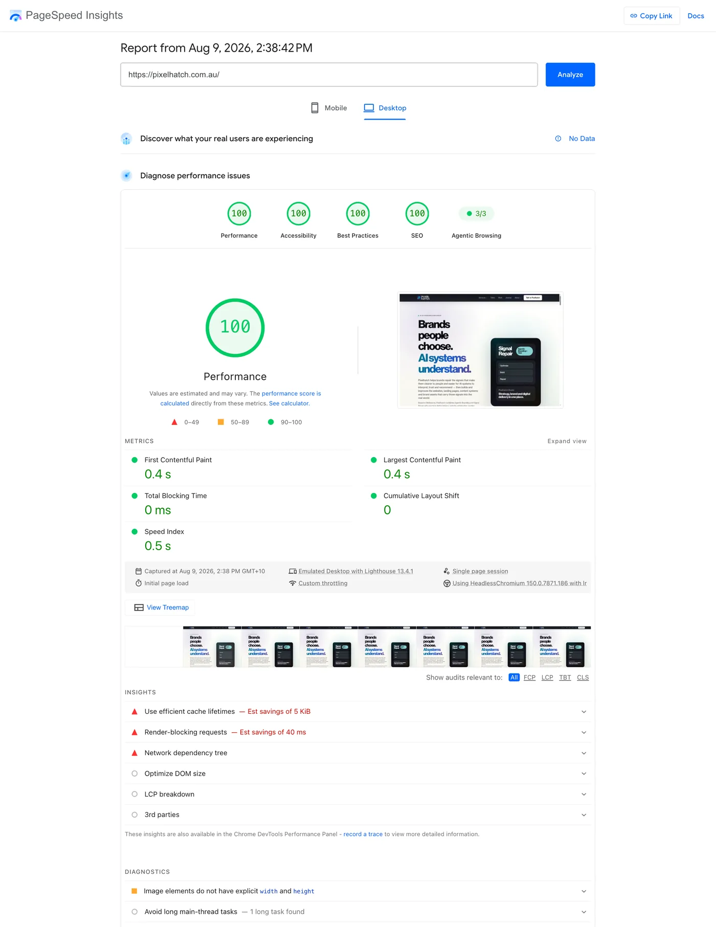 Google PageSpeed Insights desktop report for Pixelhatch showing 100 for Performance, Accessibility, Best Practices and SEO.